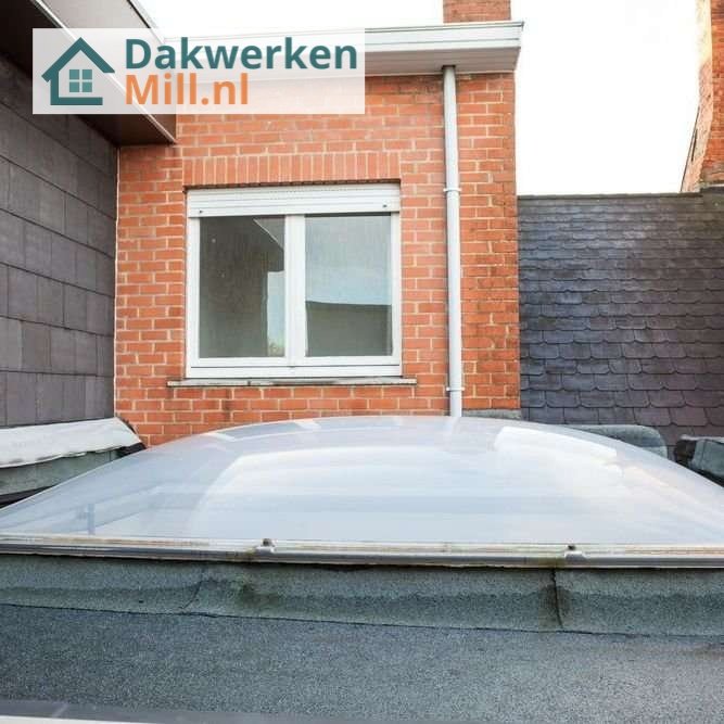 Inspectie van een plat dak met lichtkoepel Inspectie van een plat dak in mill met lichtkoepel